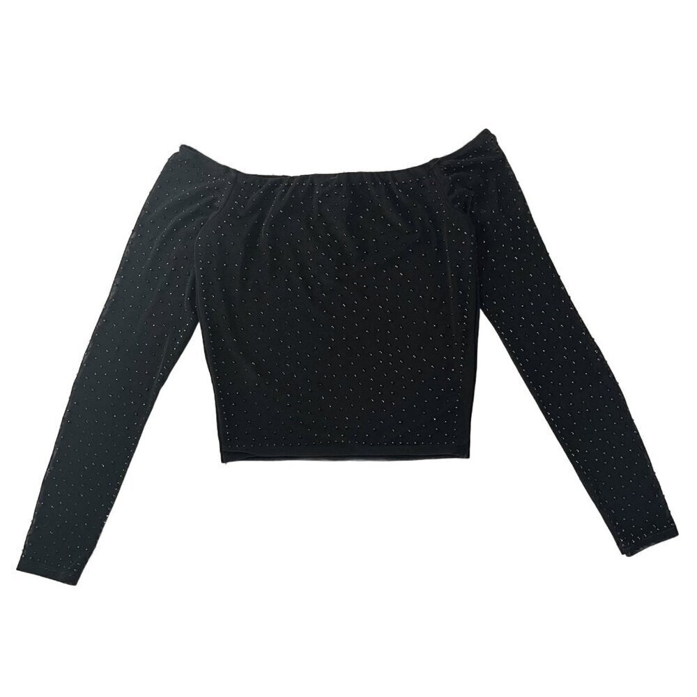 Windsor Black Rhinestones Off-the-Shoulder Long Sleeve Crop Top | Size S
